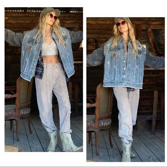 𝅺DENIM Distressed Jacket with Corduroy Sleeves Oversized Fit - Picture 1 of 16